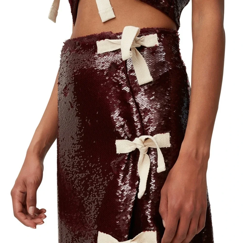 Ganni Sequin Midi Skirt with Bows - Burgundy size 34